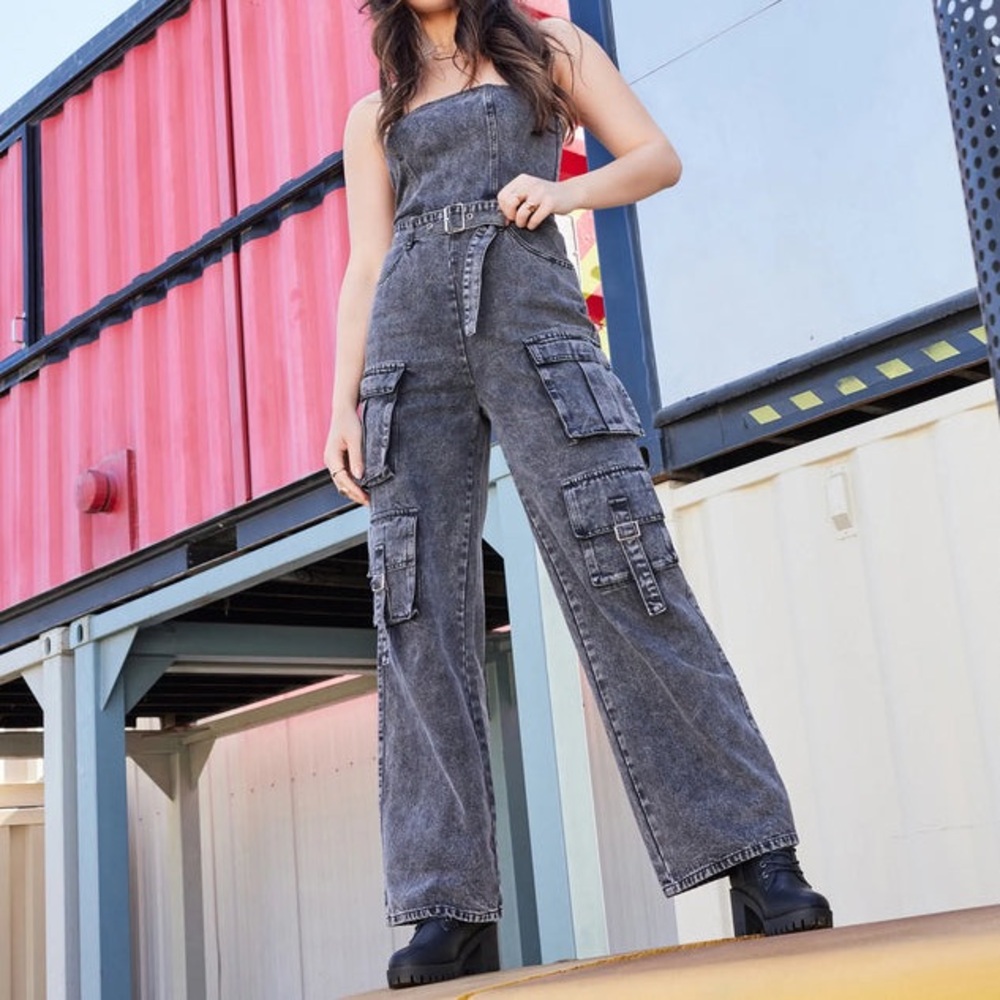 Strapless Cargo Acid Denim Jumpsuit size XS - Picture 3 of 3